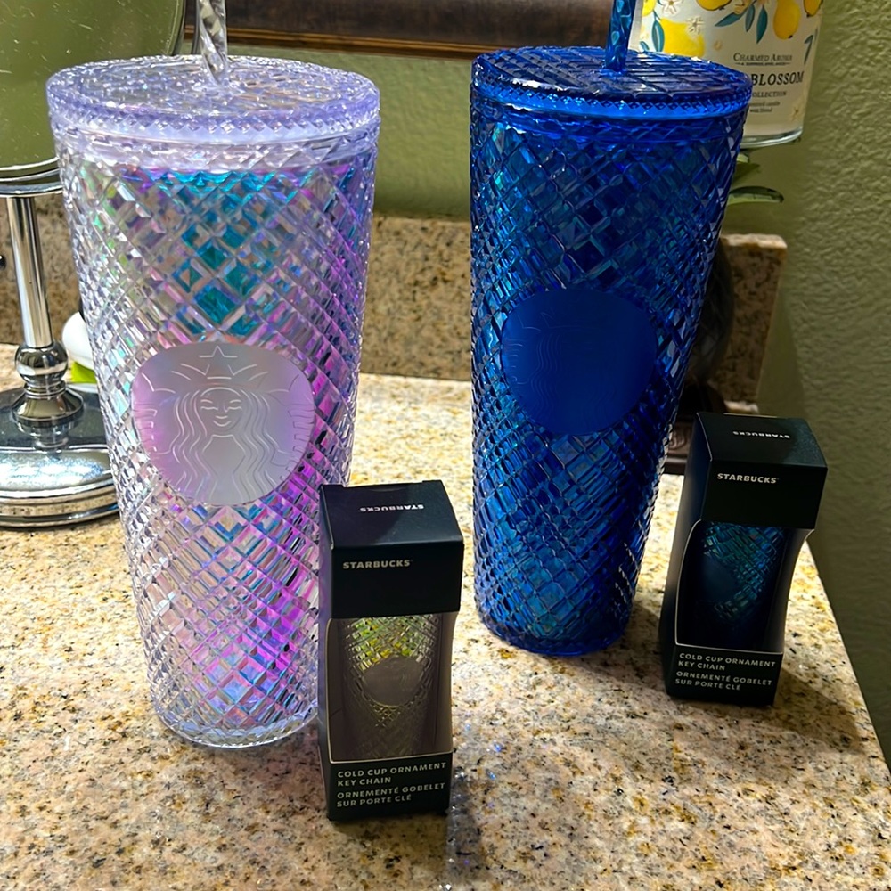 Starbucks venti clear and blue cups with ornament/ keychain